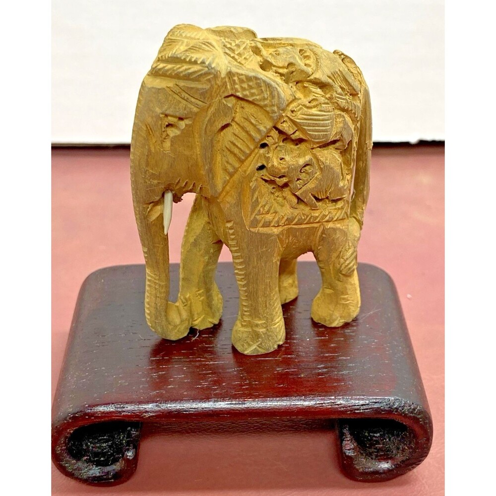 Wooden Elephant Figurine Miniature Hand Carved Wood Vintage 2.5” X 2.5” READ
